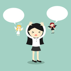 Business concept, Business woman with angel and devil and bubble speech. Vector illustration.