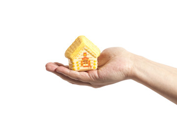 Man hand and toy house; real estate presentation