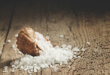 Sea salt and seashell, selective focus