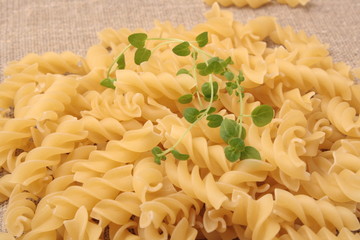 Closeup of Uncooked Italian Spiral Pasta - Rotini with oregano o