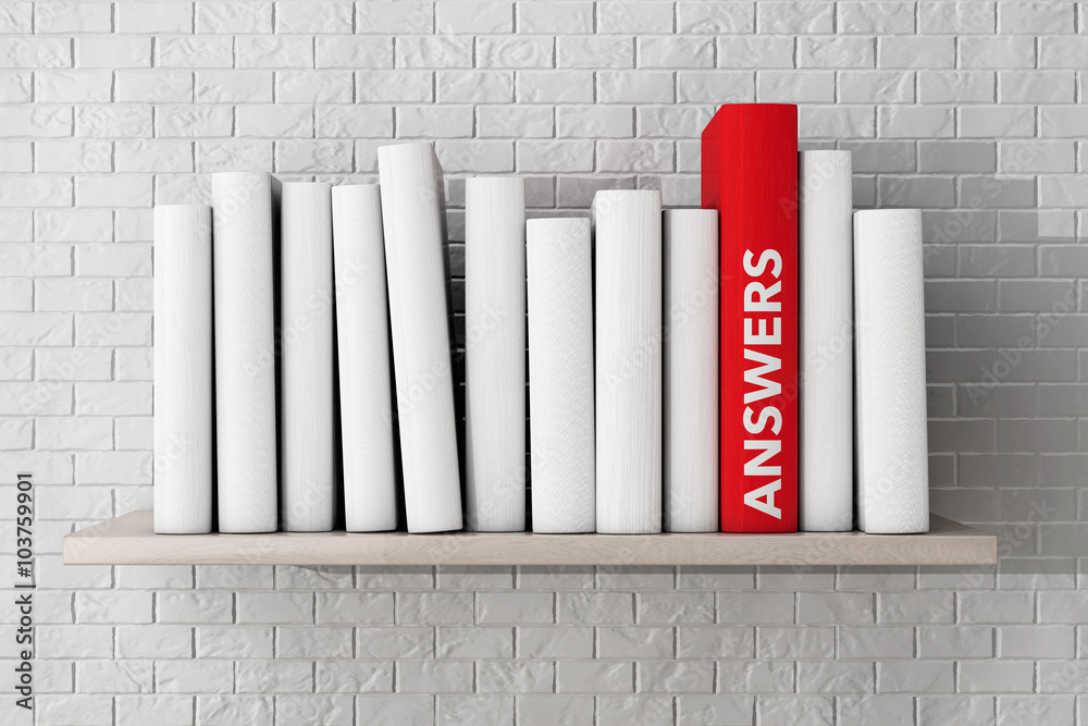 Poster red answers book on a shelf with another blank books