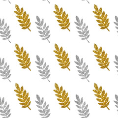Leaves of silver and golden glitter on white background, seamless pattern