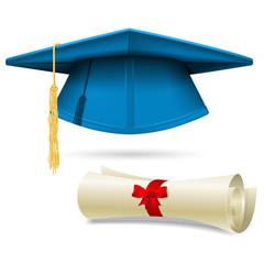 Cyan mortarboard and diploma - graduation cap
