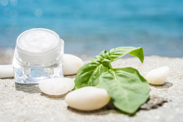 Fototapeta na wymiar Natural facial cream with mint and sea a