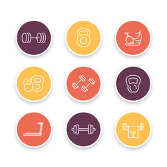 Gym equipment line icons, fitness equipment, training, fitness symbols, gym equipment pictograms, fitness round icons set, vector
