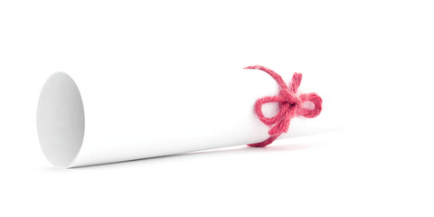 White letter tube tied with cord, one red knot isolated