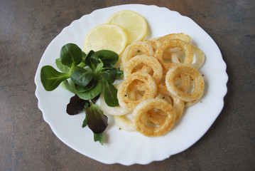 Cooked squid rings with green salad and lemon on white dish.