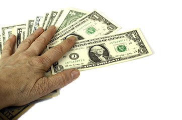 Hand on top of money  on a white background.