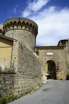 Italy, tower of the fortress Fortezza Medicea with Porto a Selci - Selci Door, entrance to Etruscan Village Volterra, the fortress is now a prison