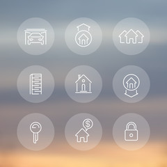 Real estate line icons, mortgage, key, rent, sale, loan, building, property transparent round icons set, vector illustration