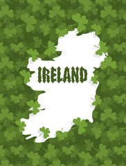 Map of Ireland. Gothic font and clover. Сountry abounds in Sham