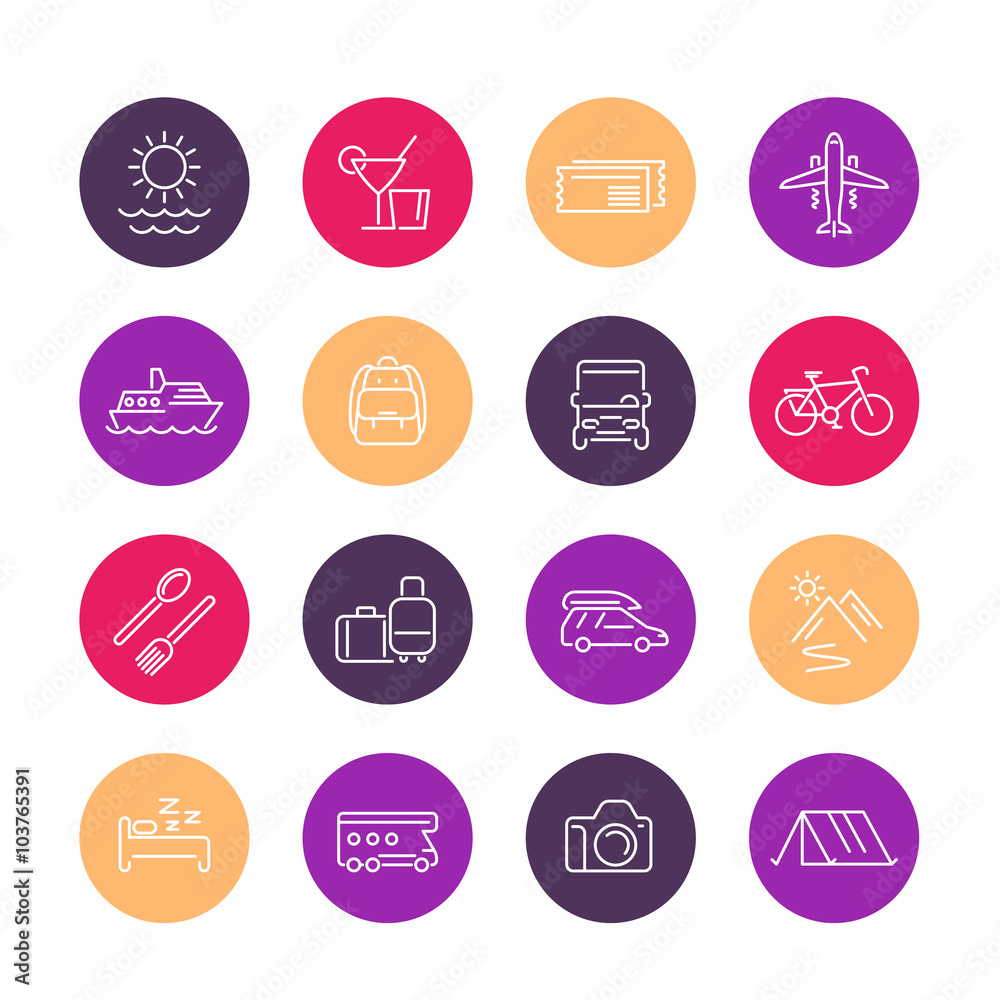 Sticker Travel, tourism line icons, trip, recreation, vacation color icons set, vector illustration