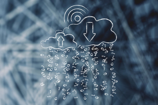 Wi-fi sun & clouds with binary code rain