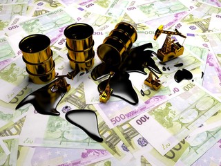 Golden Pumpjack And Spilled Oil On The Money. 