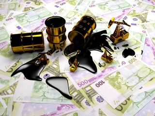 Golden Pumpjack And Spilled Oil On The Money. 