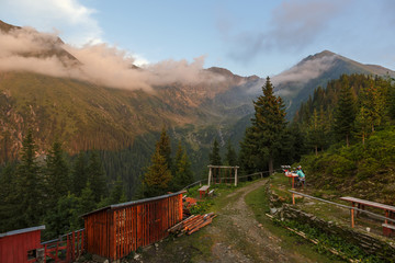 Mountain landscape at sunset .