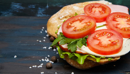  sandwich with ham and vegetables on dark wooden background
