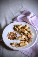 Gnocchi with pears, toasted nuts, honey and cinnamon
