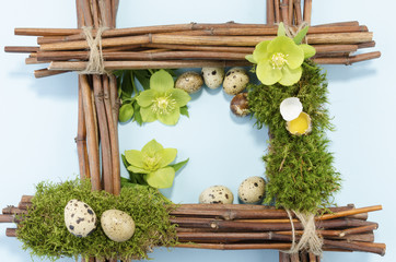 Easter frame with eight quail eggs two hellebore flowers down and one up