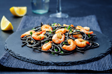 Black pasta with shrimps