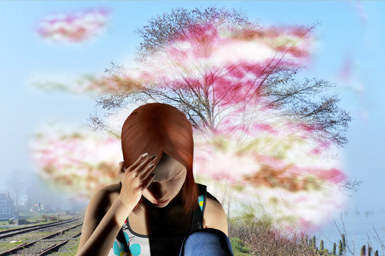 digitally rendered illustration of a young woman experiencing the aura that occurs at the onset of a migraine attack