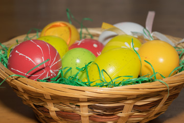 easter colored eggs in basket