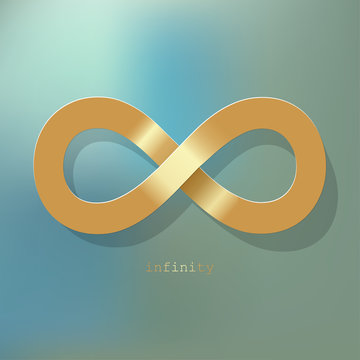 Infinity symbol gold on a blue bokeh fog background.