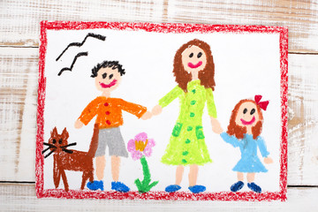 Obraz na płótnie Canvas oil pastels drawing: single mother and kids