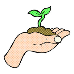 cartoon seedling growing held in hand