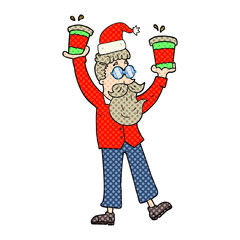 cartoon man with coffee cups at christmas