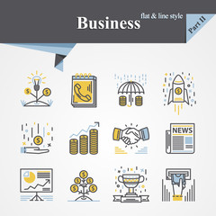 Trendy flat and line Business icons set,partnership, growth, payment service,start up, business idea,cash, time is money,strategy, success, process,investment,creative campaigns,save money
