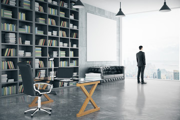 Businessman in modern personal office with big bookcase, sofa, g - Powered by Adobe