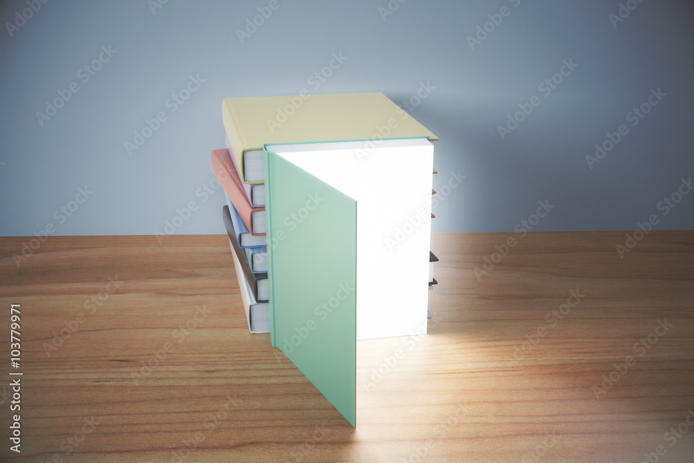 Poster Knowledge concept with opened book with glowing pages and pile o