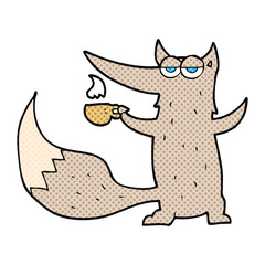 cartoon wolf with coffee cup