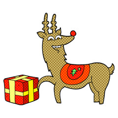 cartoon christmas reindeer with present