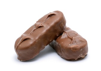 Closeup of the two chocolate bars on a white background.