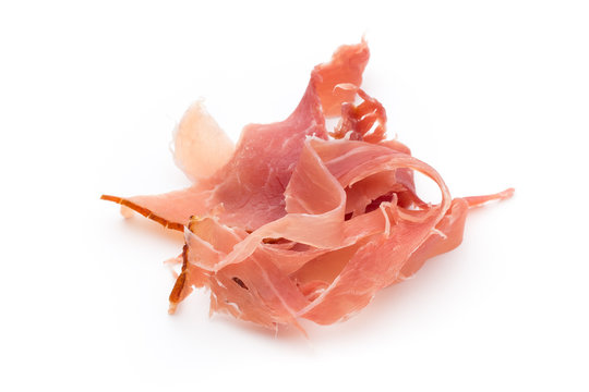 Slices of ham on white background.