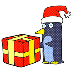 cartoon christmas penguin with present