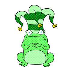 cartoon nervous frog wearing jester hat