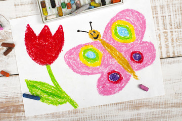 colorful drawing: happy butterfly and beautiful tulip