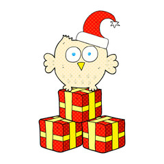 cartoon little owl wearing christmas hat