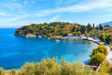 Beautiful bay with fishing port on Samos island, Greece - obrazy, fototapety, plakaty