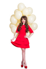 Young woman with balloons on a white background