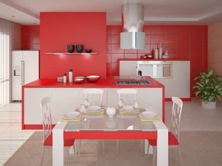 Fototapeta na wymiar Perfect kitchen with red background.
