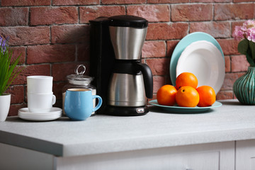 Kitchen tableware on the table, close up