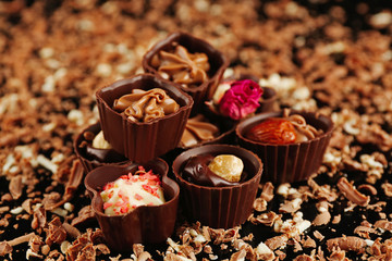 Assorted chocolate candies with flakes on black background