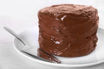Chocolate cake on a plate with blade on light background, closeup