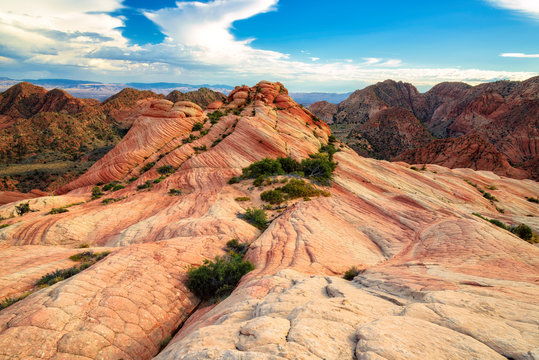 Yant Flat - red, orange, and white unusual striped rock formation in Southern Utah.