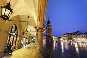 Krakow Rathaus Tower seen from arches of Cloth Hall
