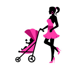 Young woman in a dress and walking with a baby stroller rolls